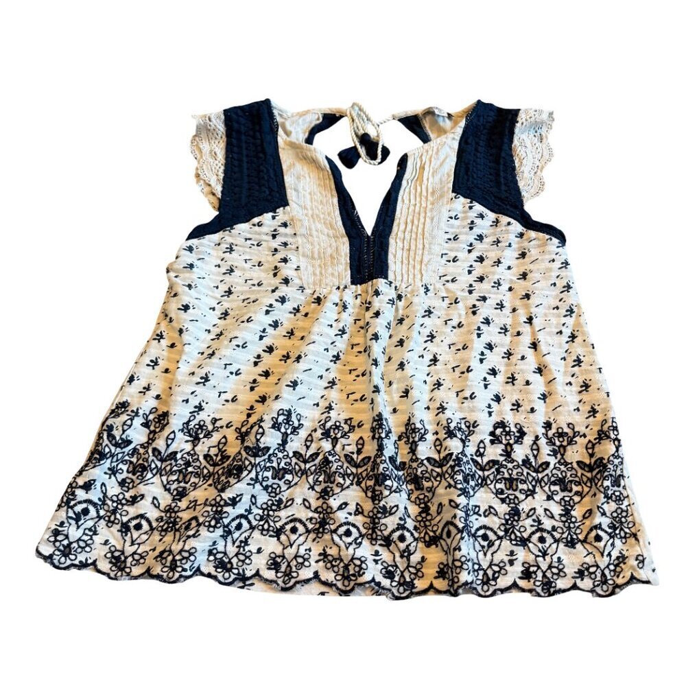 Lucky Brand Cream Navy Embroidered Boho Shirt Top Blouse Size Medium Women's